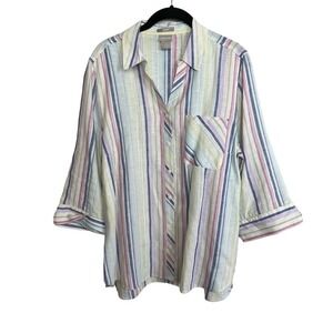 Chico's Size 2 US 12/14 Button Up Linen Colorful Striped Top 3/4 Sleeve‎